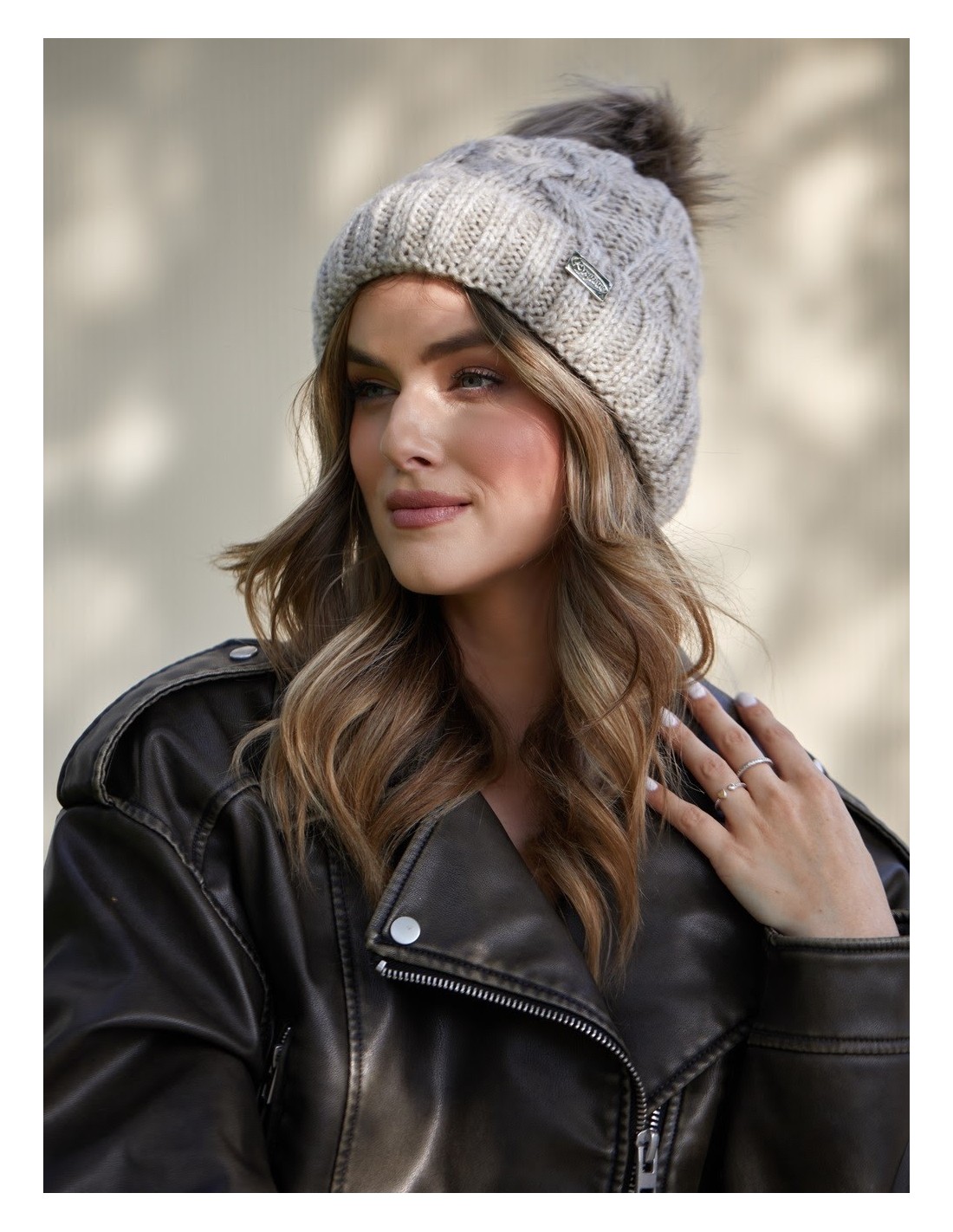 Winter hat with a shimmering thread in braids, beige C49 - Online store - Boutique